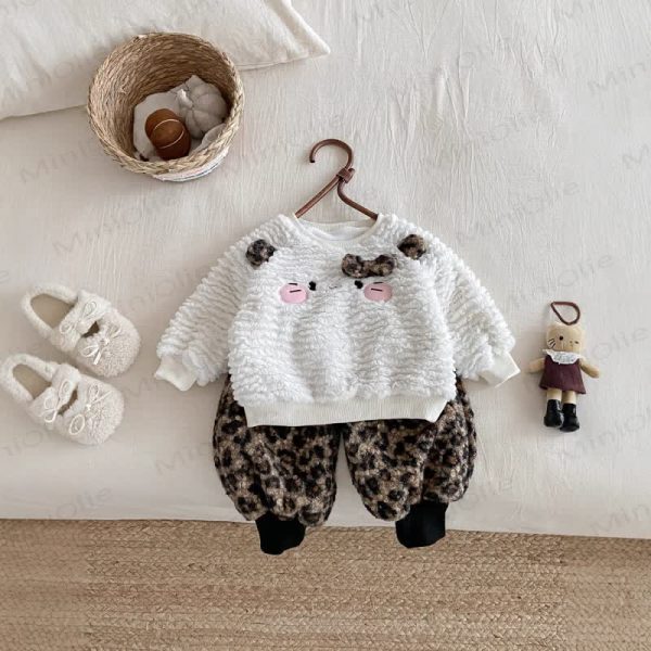 Baby Girl Cat Bow 2-piece Leopard Print Fleece Set