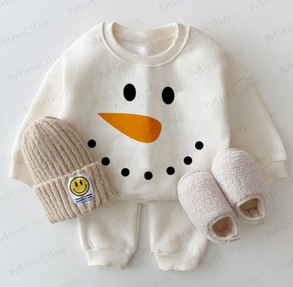 Baby Face of Snowman Sweatshirt 2-piece White Set