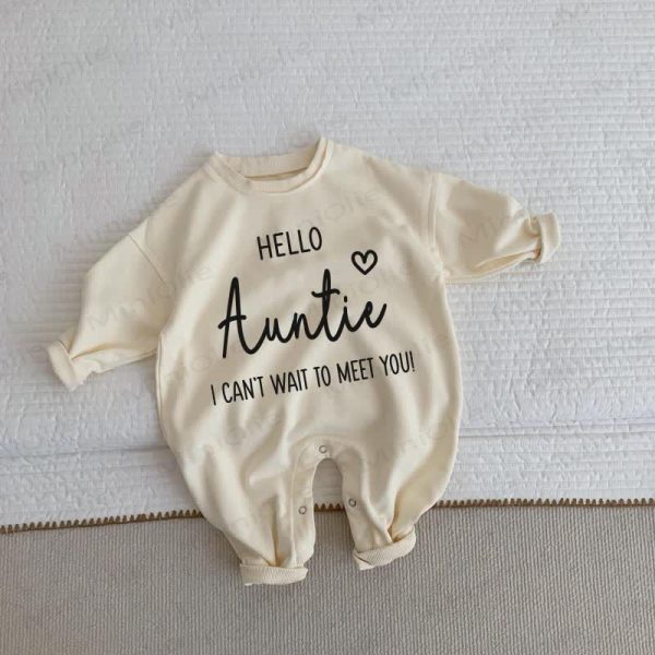 HELLO AUNTIE I CAN'T WAIT TO MEET YOU! Baby Toddler Beige Romper