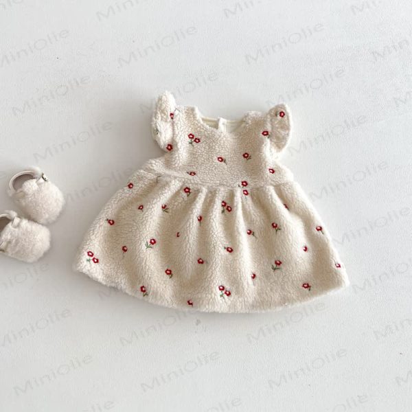Toddler Girl Flower Flying Sleeves Fleece Dress