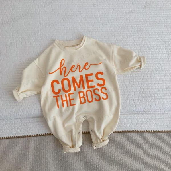 HERE COMES THE BOSS Baby Toddler Beige Romper