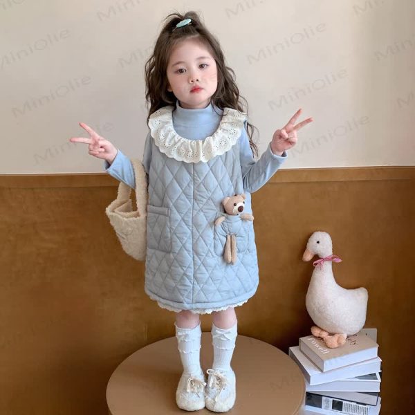 Toddler Girl Bear Quilted Blue Dress & Top Set