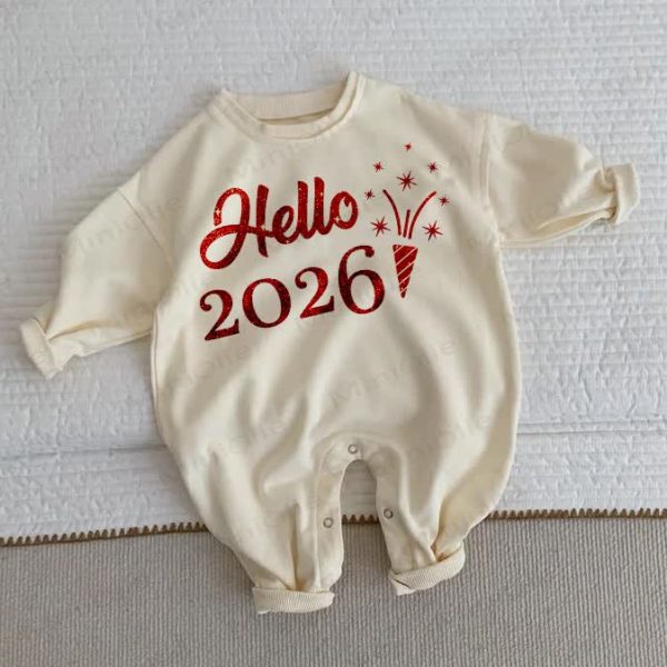 HELLO 2026 Baby Slogan Beige Romper