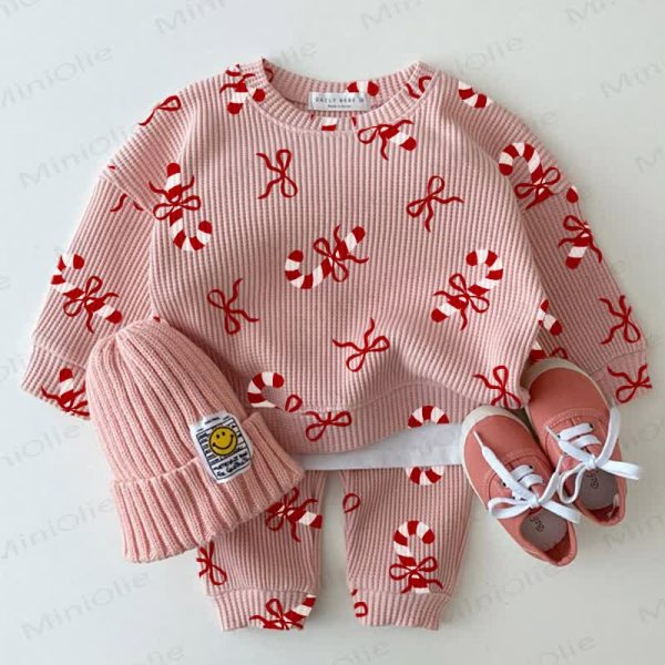 Baby Waffle Christmas Candy Cane Sweatshirt 2-piece Set