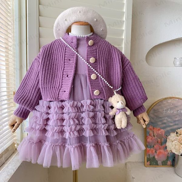 Toddler Kid Girl Purple Knitted Fleece 2-piece Set