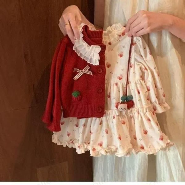 Baby Toddler Strawberry Bow Beige Dress & Red Knit Cardigan