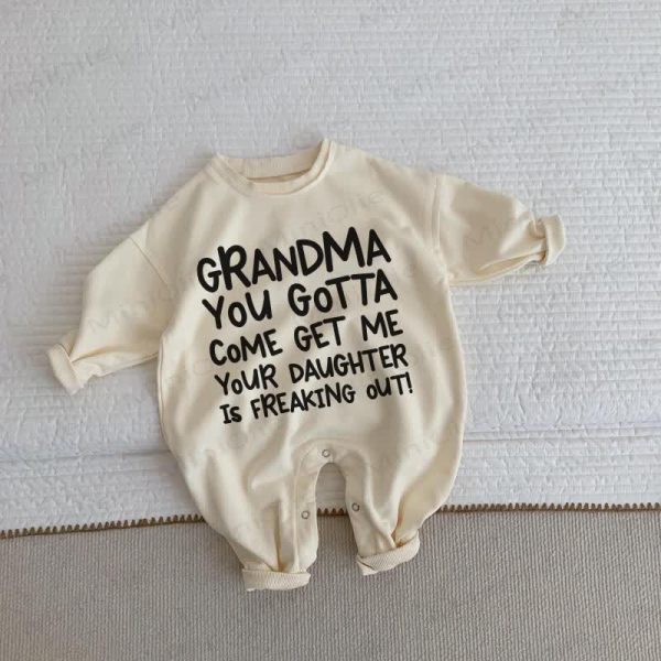 GRANDMA YOU GOTTA COME GET ME YOUR DAUGHTER IS FREAKING OUT! Baby Beige Romper