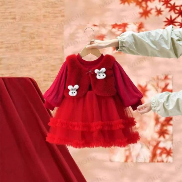 Baby Toddler Girl Bunny Mesh Red Dress