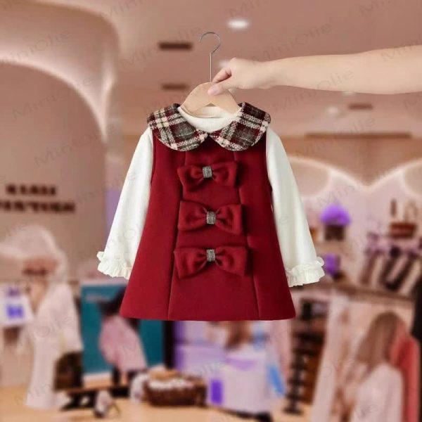 Baby Toddler Girl Bow Plaid Collar Dress