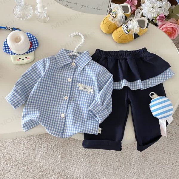 Baby Toddler Girl Bow Blue White Plaid 2-piece Set