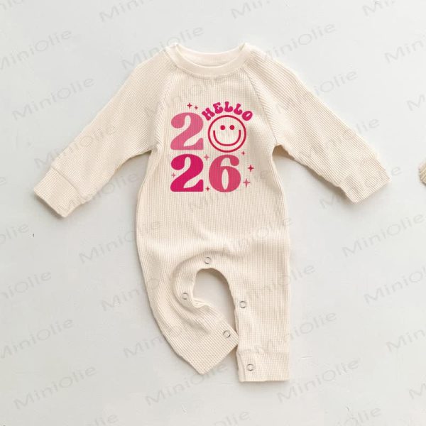 HELLO 2026 Baby Waffle Smiley Face Romper