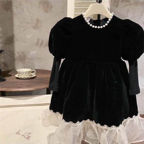 Toddler Girl Beading Lace Black Dress