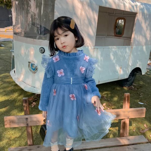 Toddler Girl Mesh 3D Flower Flying Sleeves Dress