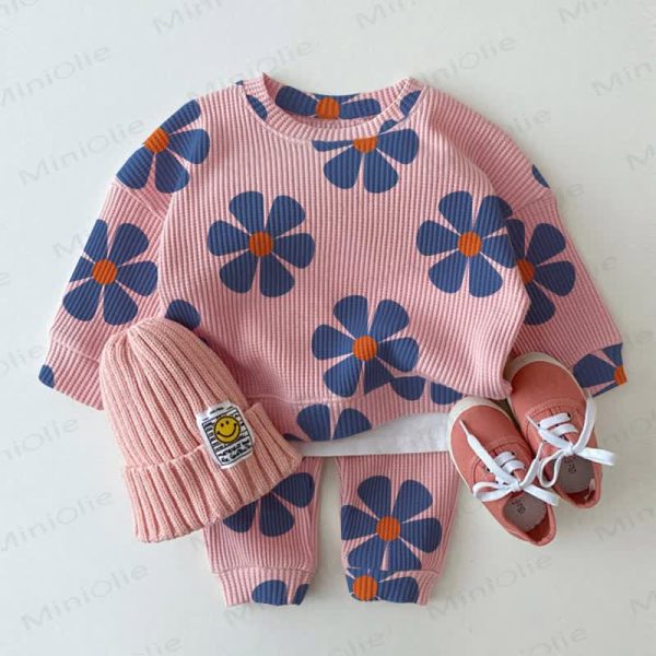 Baby Blue Flowers Pink Waffle 2-piece Set