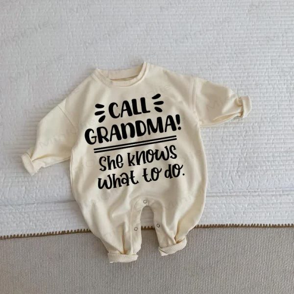 CALL GRANDMA SHE KNOWS WHAT TO DO Baby Toddler Beige Romper