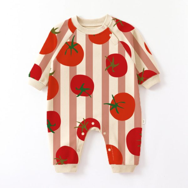 Baby Tomato Pink Vertical Striped Beige Romper