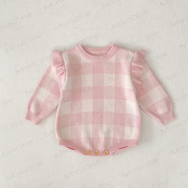 Baby Plaid Knit Flutter Sleeves Bodysuit
