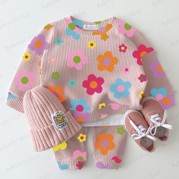 Baby Waffle Dopamine Flowers Sweatshirt 2-piece Set