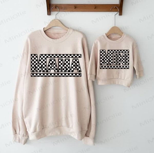 MAMA/MINI Checkerboard Mommy and Me Baby Beige Family Sweatshirt