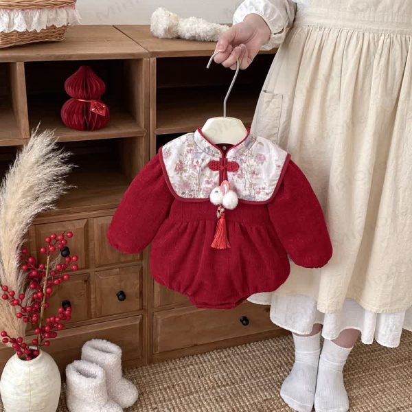 Baby Floral Knot Button Fleece Lined Bodysuit