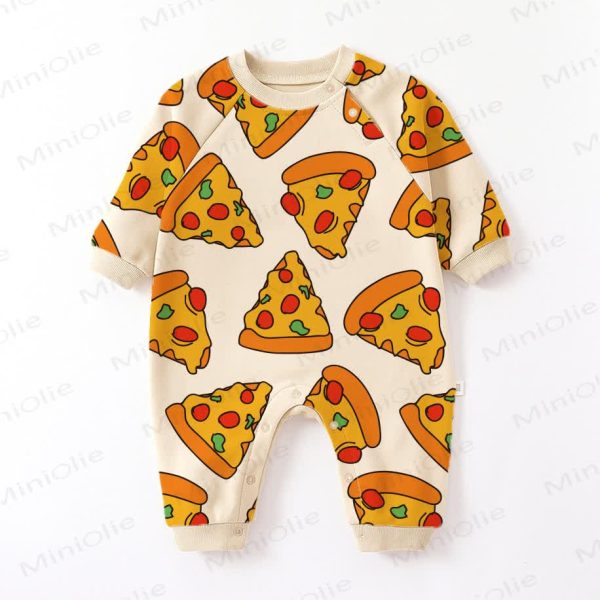 Baby Funny Pizza Print Beige Romper