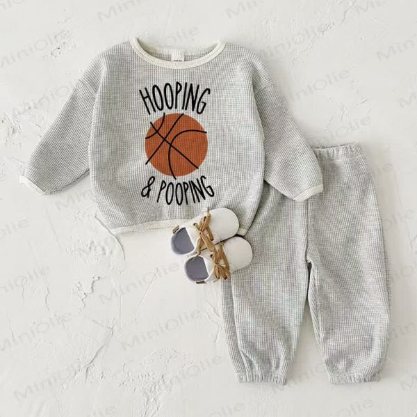 HOOPING & POOPING Baby Waffle Sweatshirt 2-piece Light Grey Set