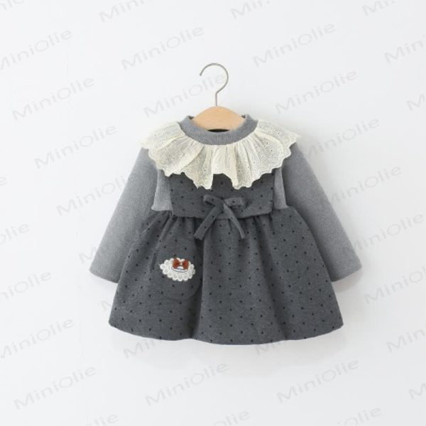 Baby Girl Bow Dot Lace Fleece Lined Dress