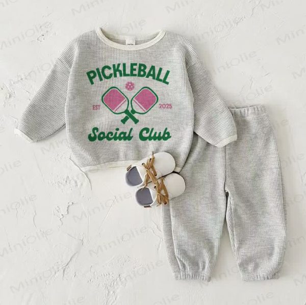 PICKLE BALL SOCIAL CLUB Baby Waffle Sweatshirt 2-piece Light Grey Set
