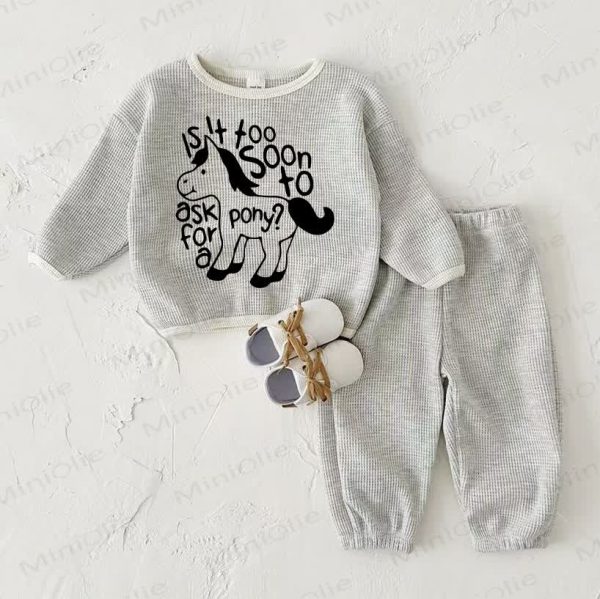 IS IT TOO SOON TO ASK FOR A PONY? Baby Waffle Sweatshirt 2-piece Light Grey Set