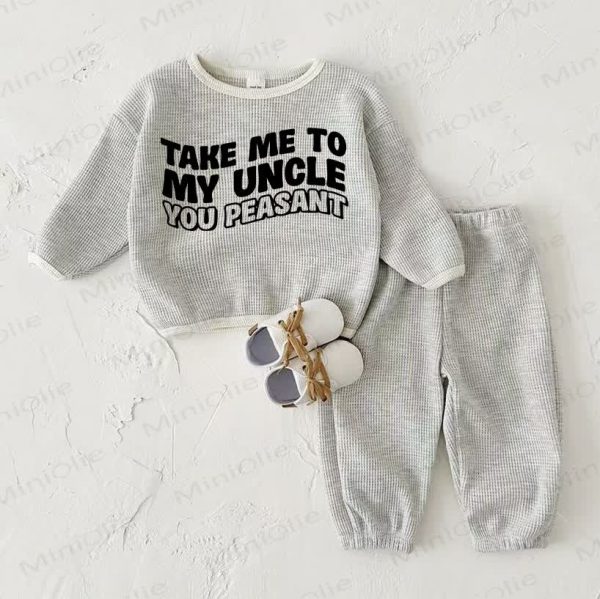 TAKE ME TO MY UNCLE YOU PEASANT Baby Waffle Sweatshirt 2-piece Light Grey Set