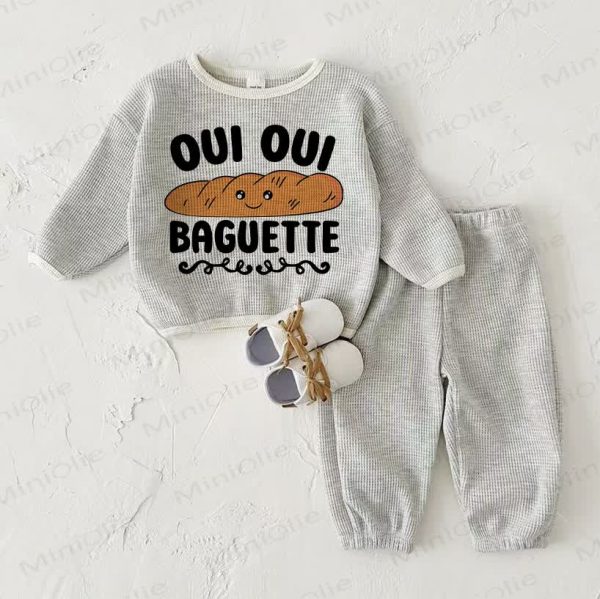 OUI OUI BAGUETTE Baby Waffle Sweatshirt 2-piece Light Grey Set