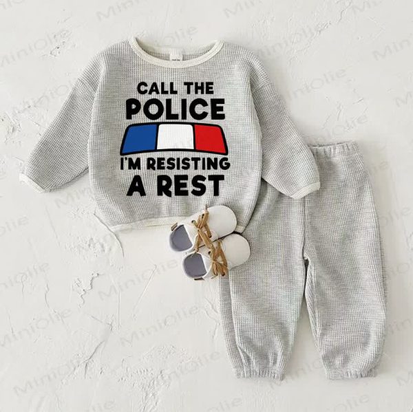 CALL THE POLICE I'M RESISTING A REST Baby Waffle Sweatshirt 2-piece Light Grey Set