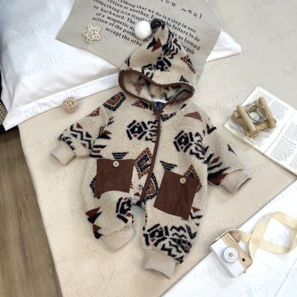 Baby Lamb Fleece Hooded Printed Romper