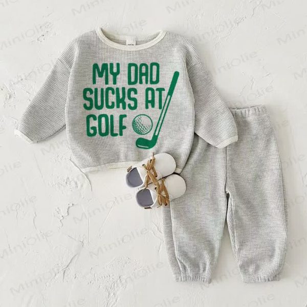 MY DAD SUCKS AT GOLF Baby Waffle Sweatshirt 2-piece Light Grey Set