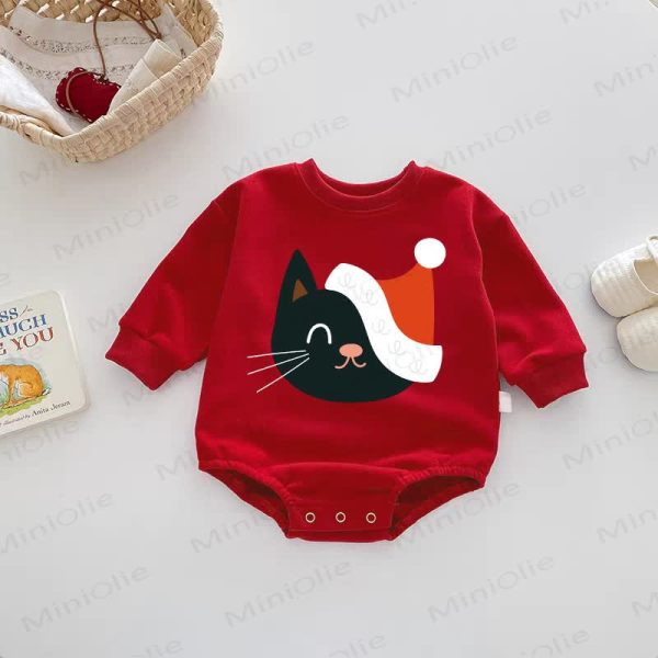 Baby Santa Hat Cat Red Bodysuit