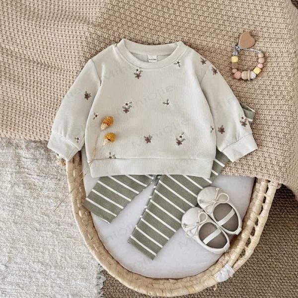 Baby Girl Embroidered Flower Stripe Knit 2-piece Set