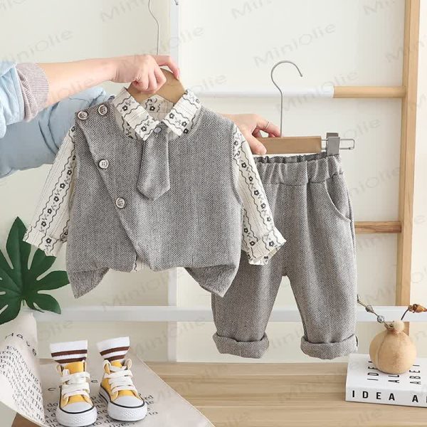 Toddler Boy Flower Tie Shoulder Button Vest 3-piece Set