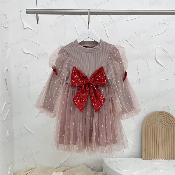 Toddler Girl Bow Mesh Sequins Dress