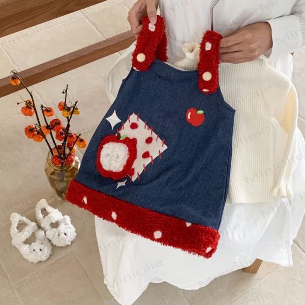 Toddler Girl Apple Denim Fleece Sleeveless Dress/White Top