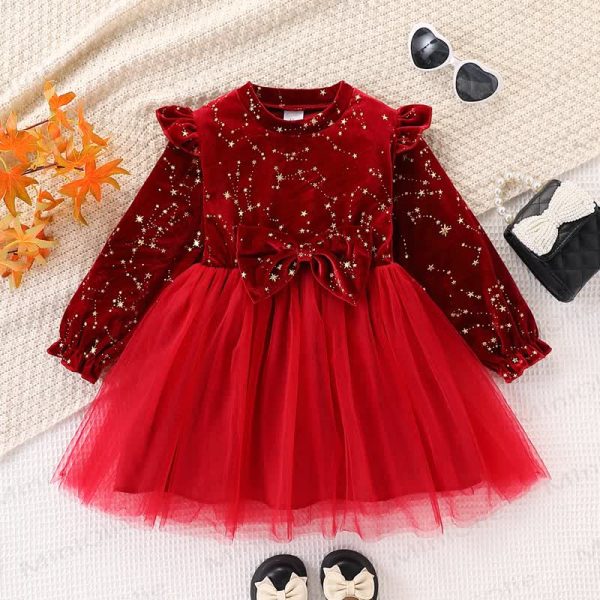 Toddler Kid Girl Bow Mesh Red Dress