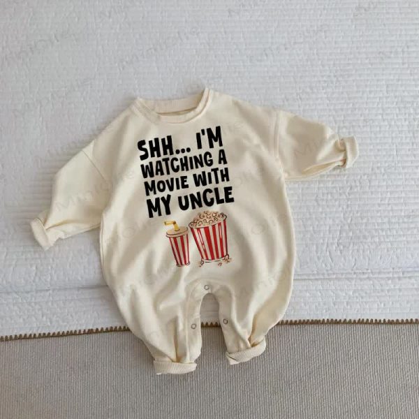 SHH I'M WATCHING A MOVIE WITH MY UNCLE Baby Toddler Beige Romper