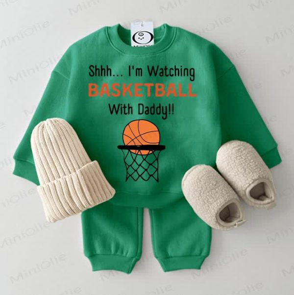 SHHH...I'M WATCHING BASKETBALL WITH DADDY Baby Sweatshirt 2-piece Green Set