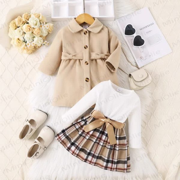 Baby Girl Bow Notched Collar Coat & Check Dress