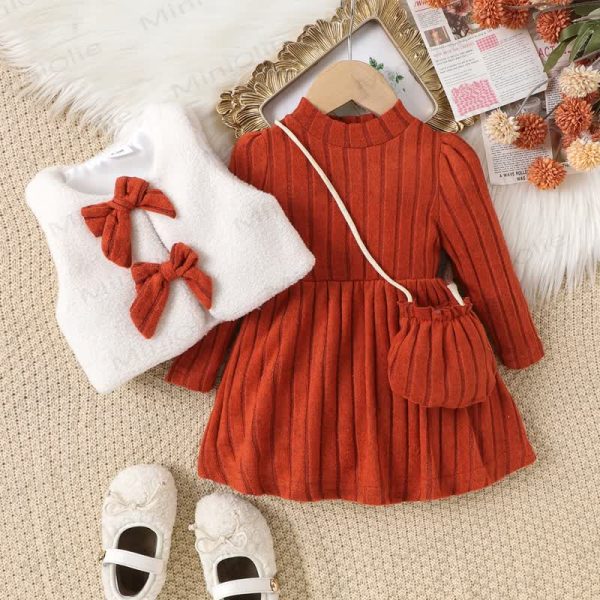 Baby Girl Bow White Plush Tank Top & Orange Dress