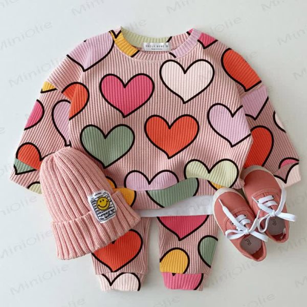Baby Waffle Colorful Heart Pattern Sweatshirt 2-piece Set