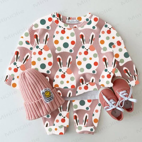 Baby Waffle Colored Polka Dot Bunny Sweatshirt 2-piece Set