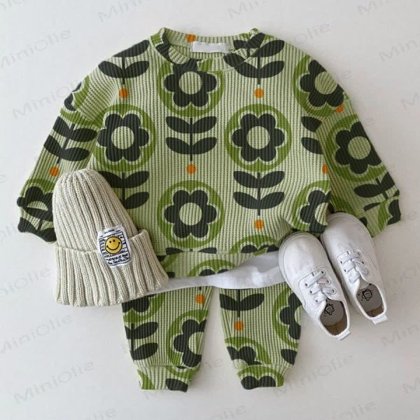 Baby Waffle Green Flowers Sweatshirt 2-piece Set