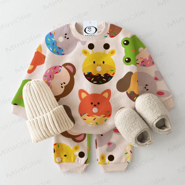 Baby Animal Donuts Sweatshirt 2-piece Beige Set