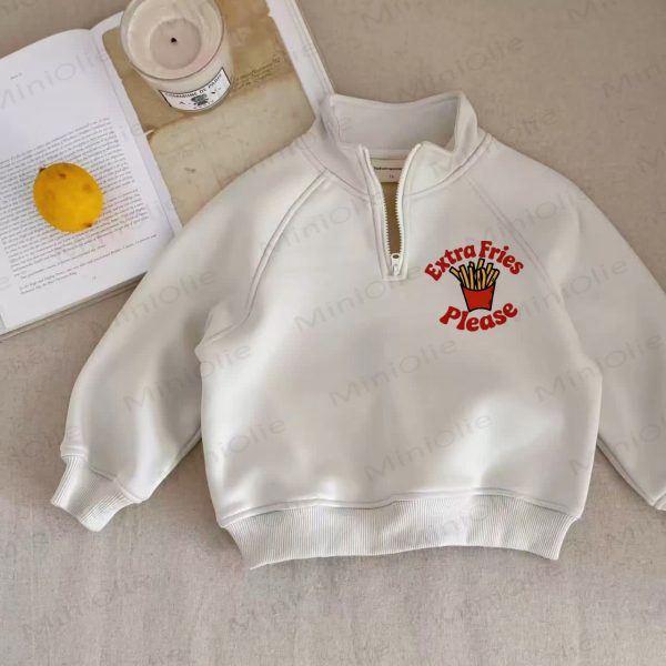 EXTRA FRIES PLEASE Baby White Half-zip Sweatshirt