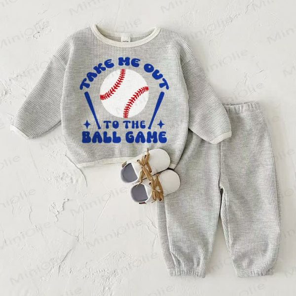 TAKE ME OUT TO THE BALL GAME Baby Waffle Sweatshirt 2-piece Light Grey Set